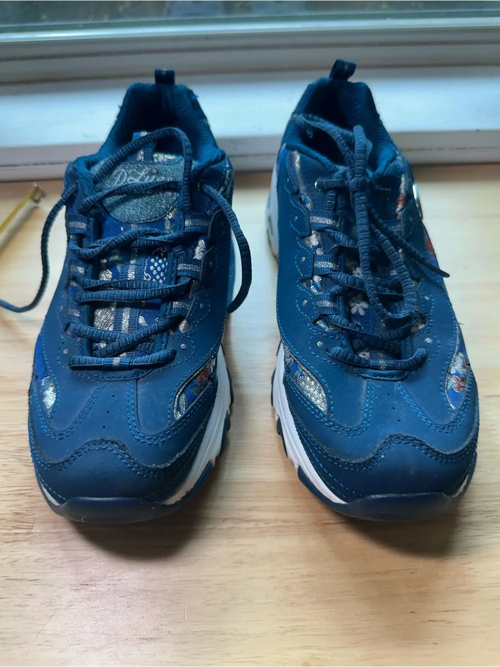 Skechers d’lights Navy Blue Floral-Accent Women's Athletic Sneakers tennis shoes